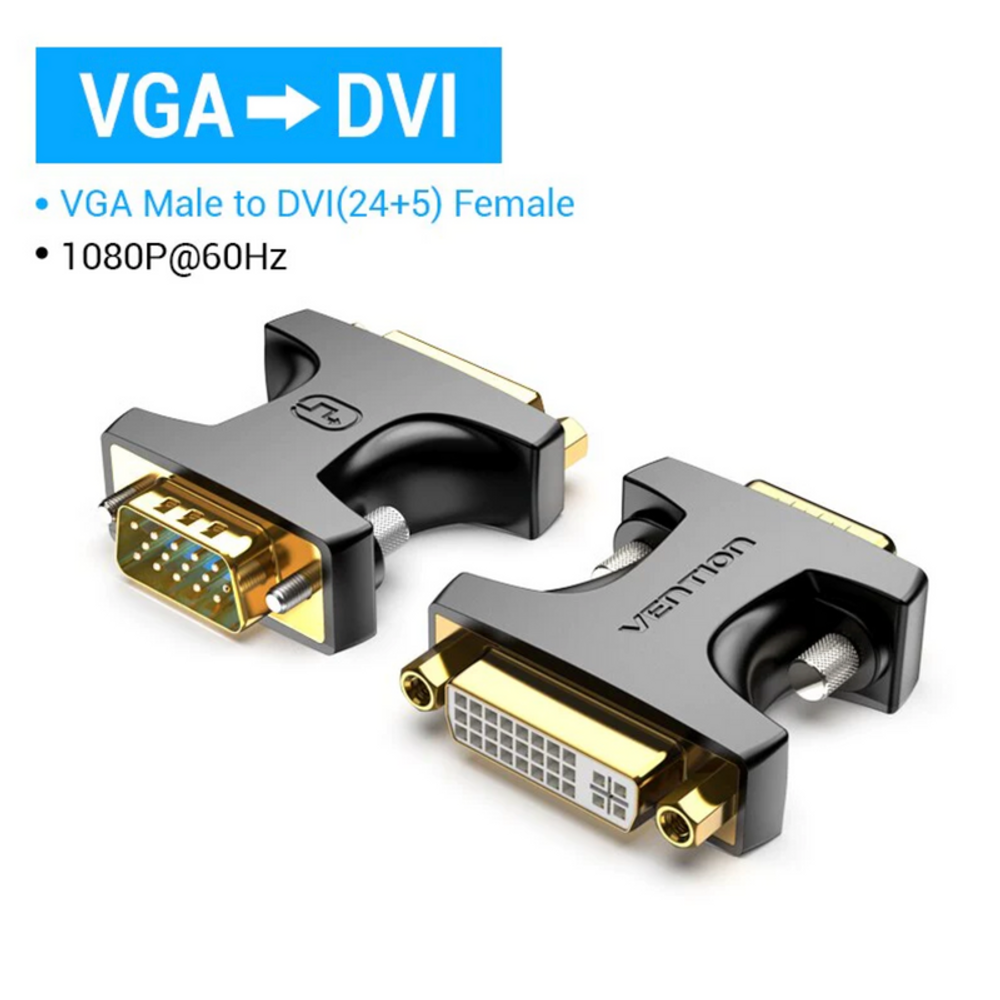 Black VGA male to DVI female adapter, angled view, gold pins on both connectors
