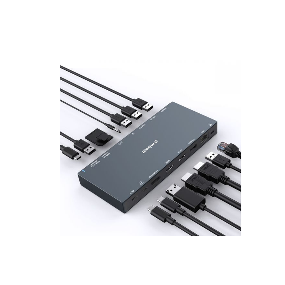 Space grey USB-C dock with multiple front ports and connected cables