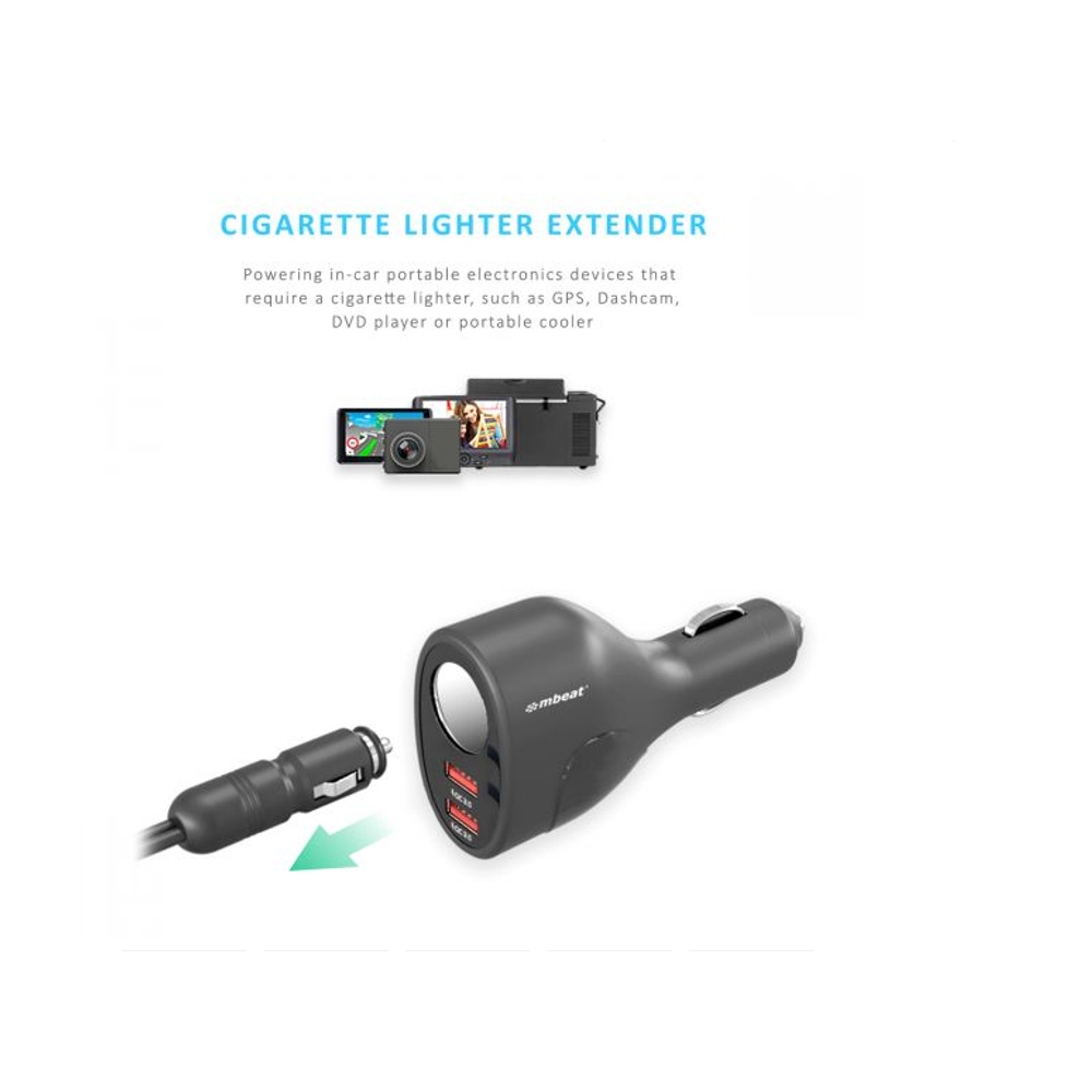 Cigarette lighter extender car charger with two USB ports and LED indicators