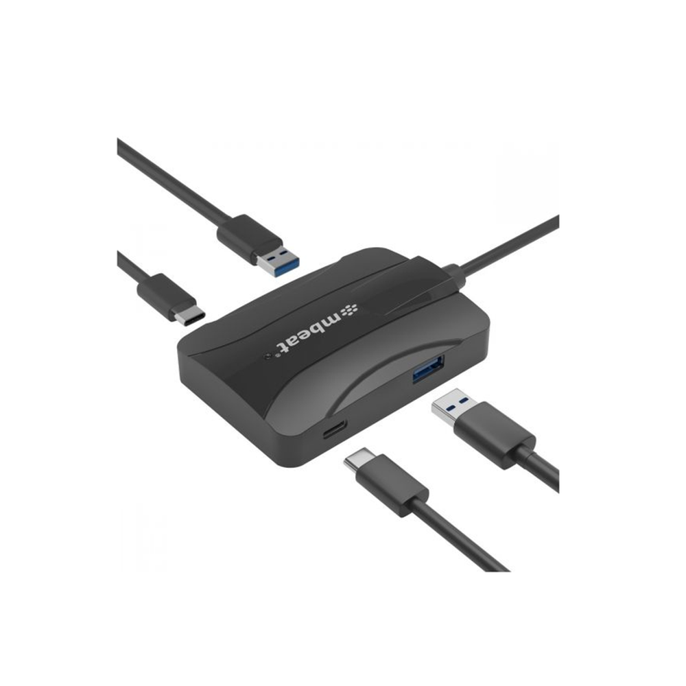 Mbeat compact USB-C hub showing front USB ports with connected cables