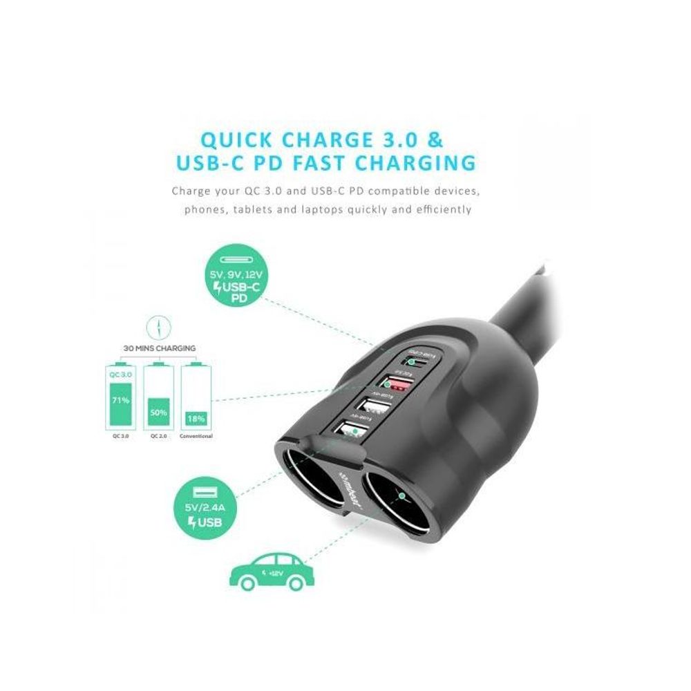 MB-CHGR-C38 - mbeat Gorilla Power 4 Port USB-C & QC 3.0 Car Charger with Cigar Lighter Splitter