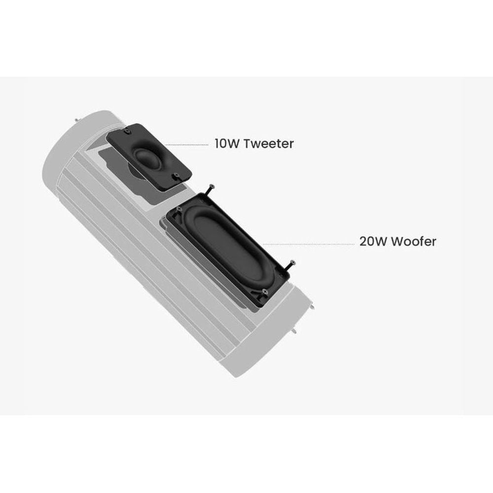 Bluetooth speaker interior layout diagram showing 10W tweeter and 20W woofer