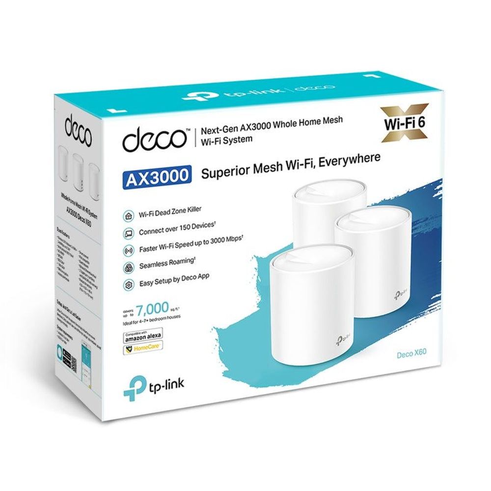 TL-DECOX60-3P - TP-Link Deco X60 Wi-Fi 6 Whole-Home Mesh System - 3 Pack, MU-MIMO, Dual-Band AC3000, Parental Controls, Antivirus, QOS