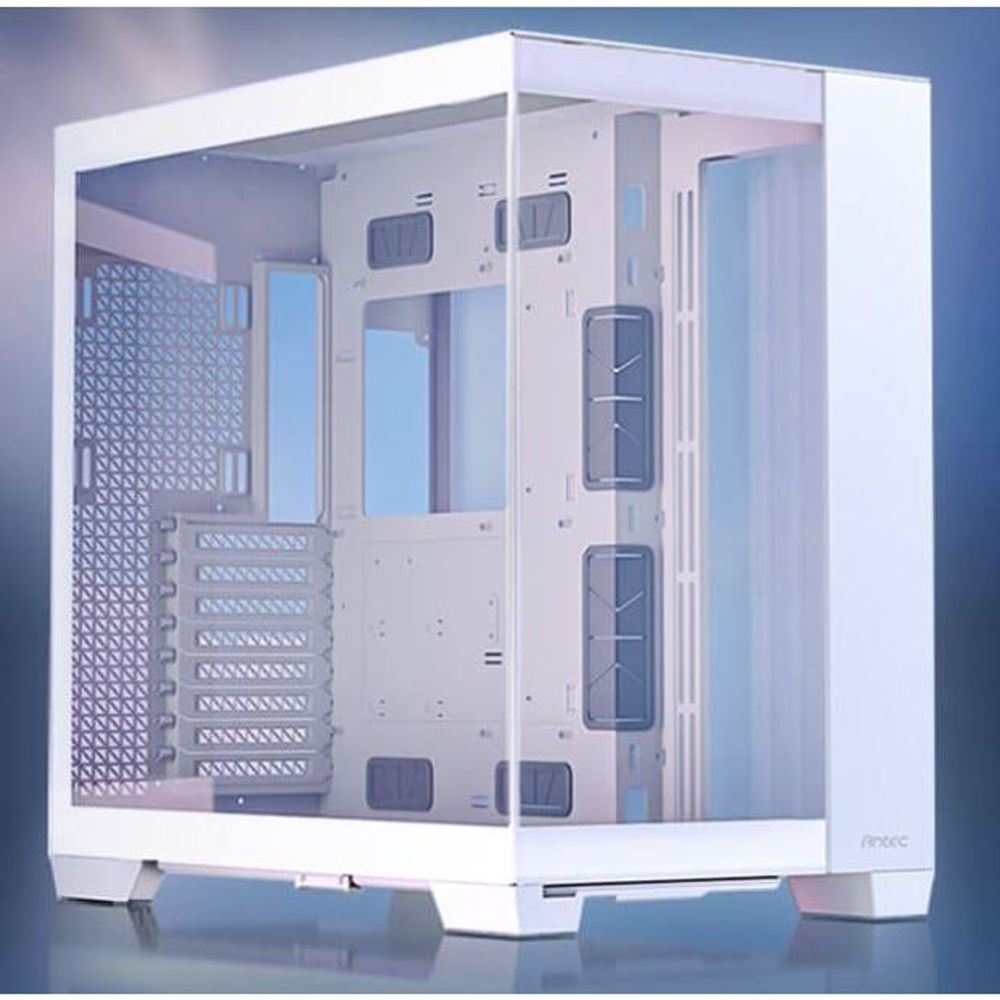 White Antec full-tower PC case open frame showing internal drive and expansion areas