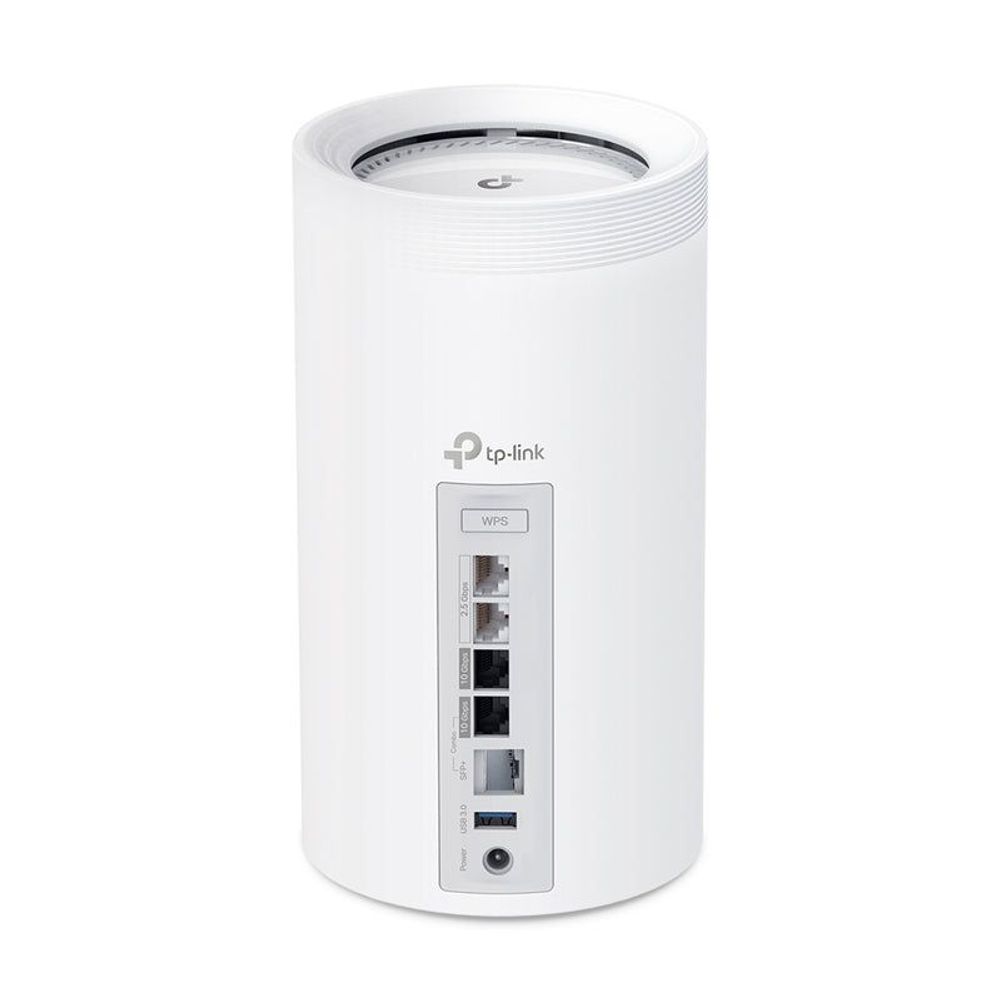 White tp-link Deco mesh router pod with rear ports panel and tp-link logo