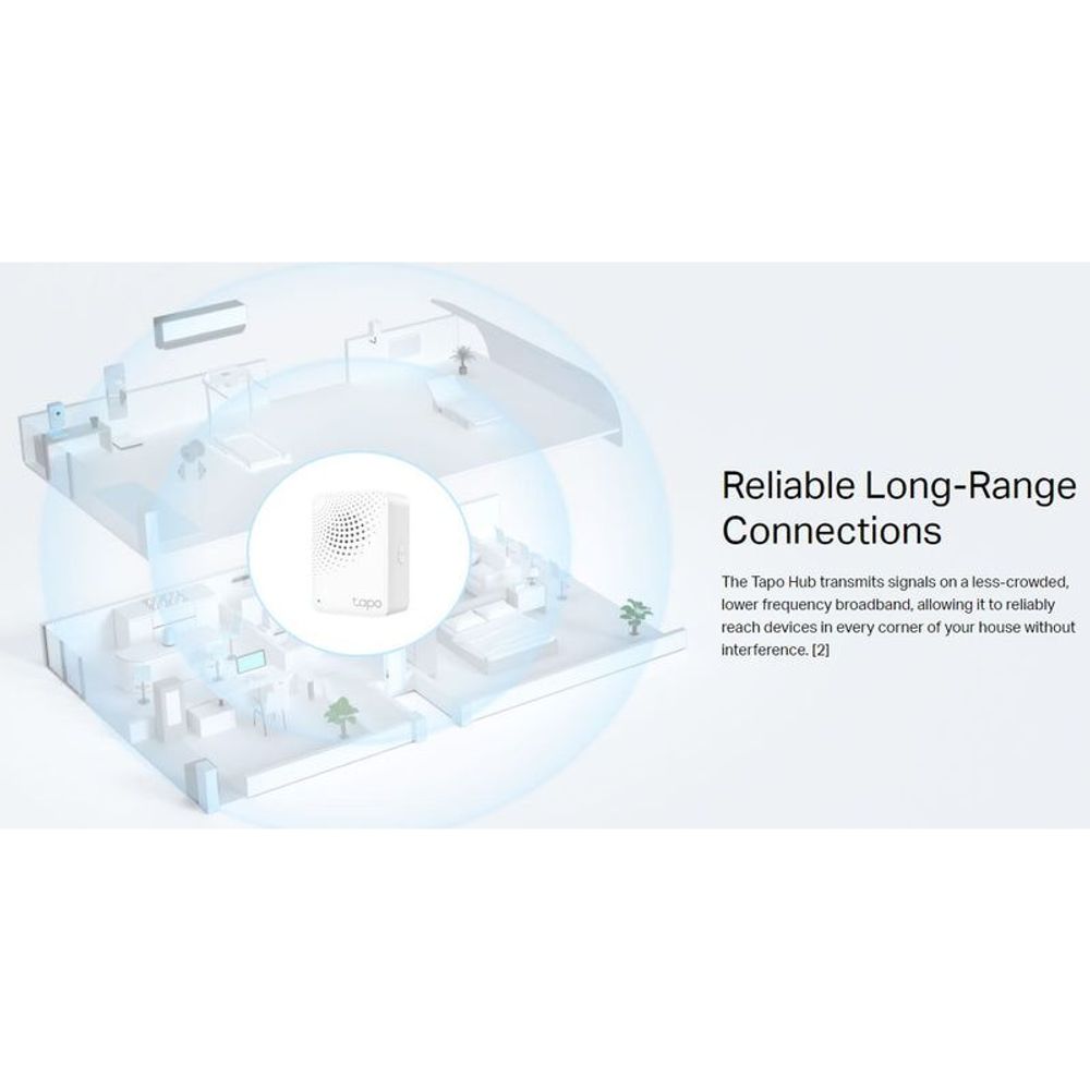 White Tapo smart IoT hub with chime, reliable long-range connection coverage illustration