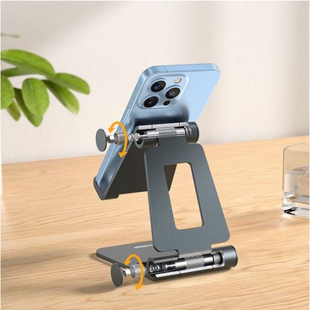 Space grey foldable phone stand with dual support grips, adjustable angle