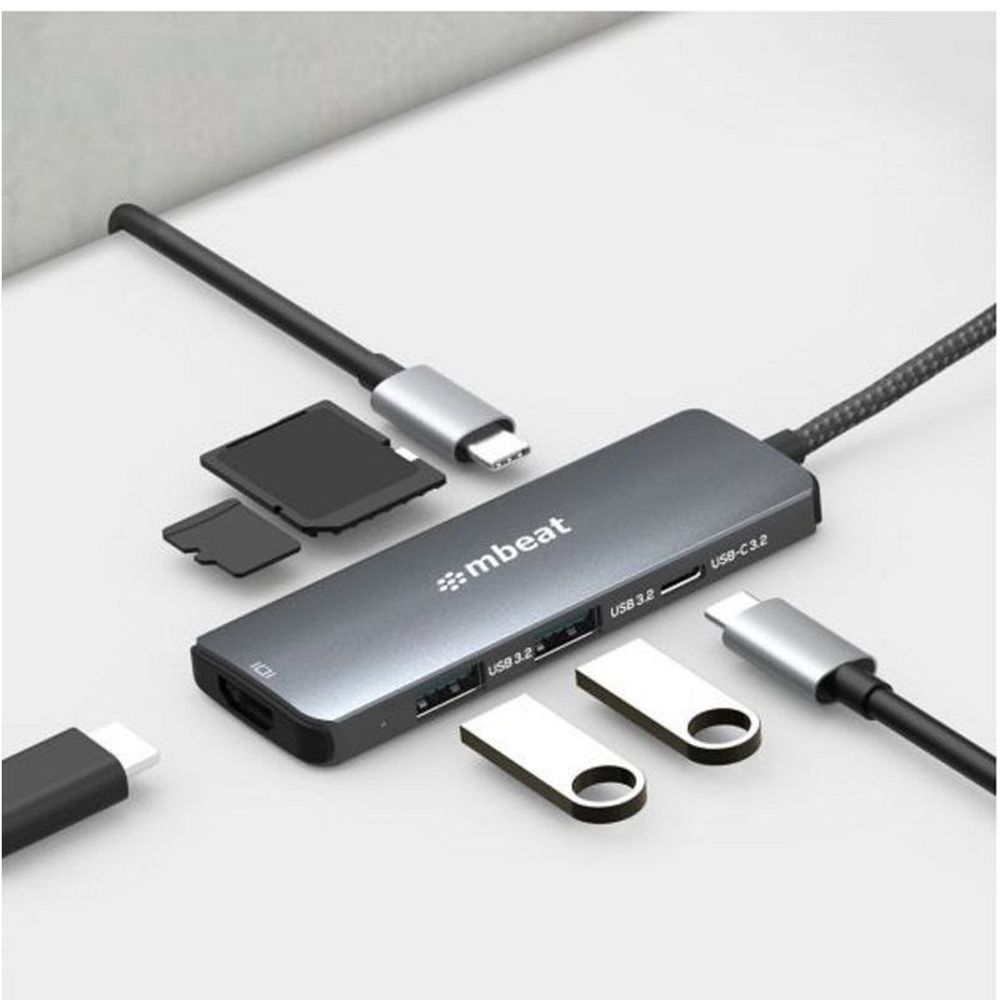 mbeat Elite USB-C 3.2 hub showing USB ports and display connectors on gray casing
