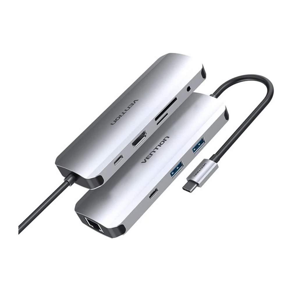 Gray aluminum USB-C docking station hub with several side ports, angled view