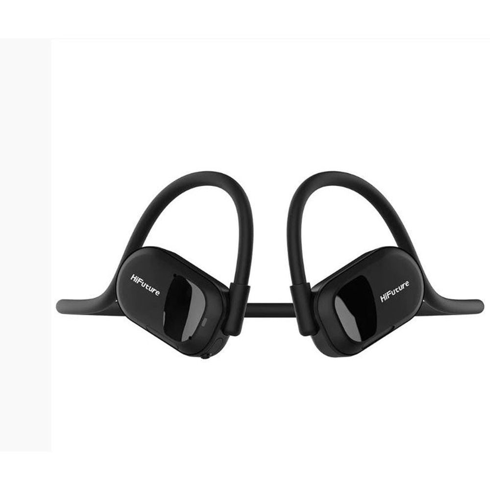 Black sport earphones showing left and right earbud pods and neckband