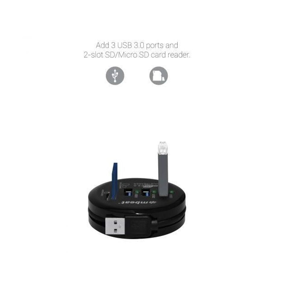 Black USB hub base with three blue USB 3.0 ports and SD/microSD card reader