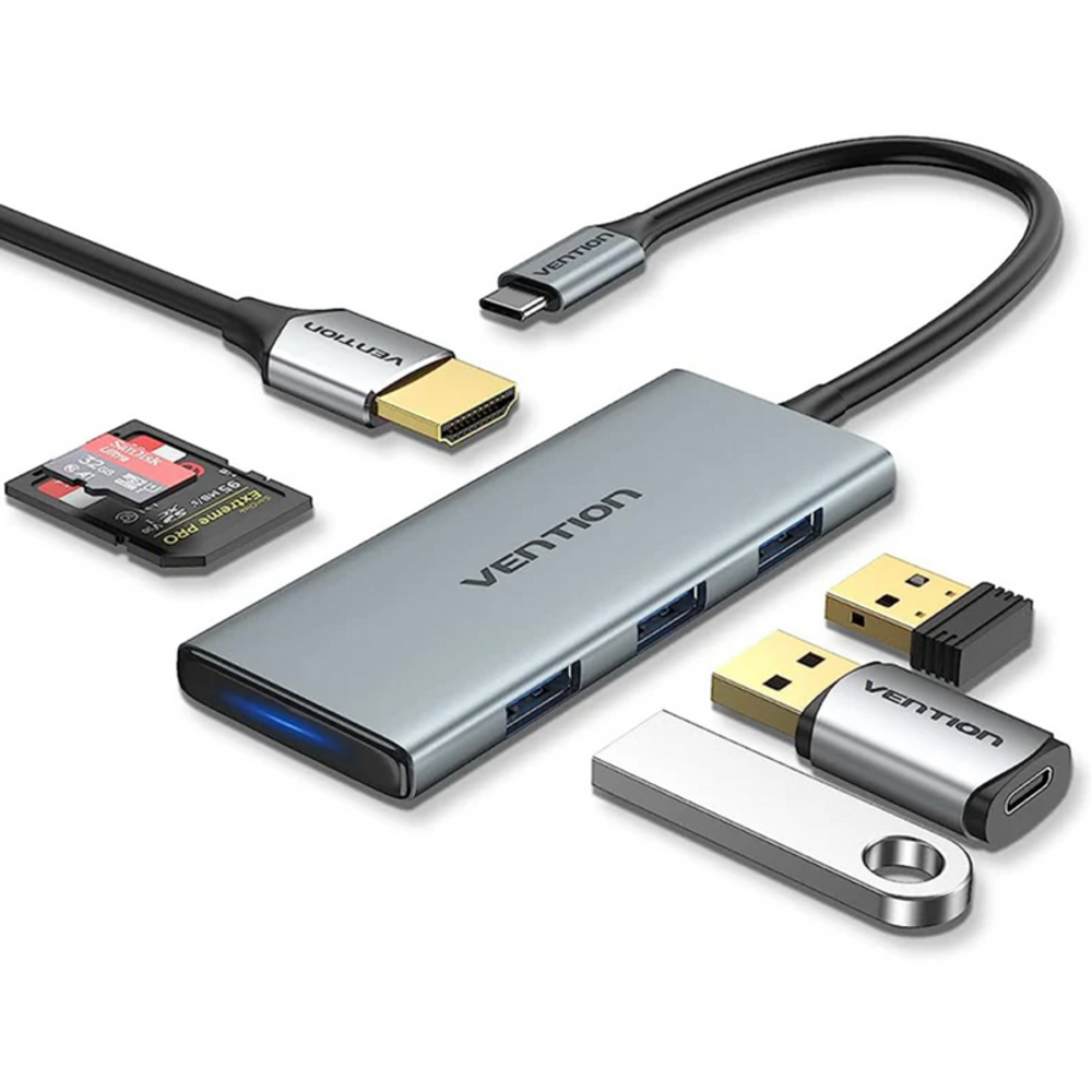 Gray USB-C docking station with multiple ports, SD/TF slots, and cable