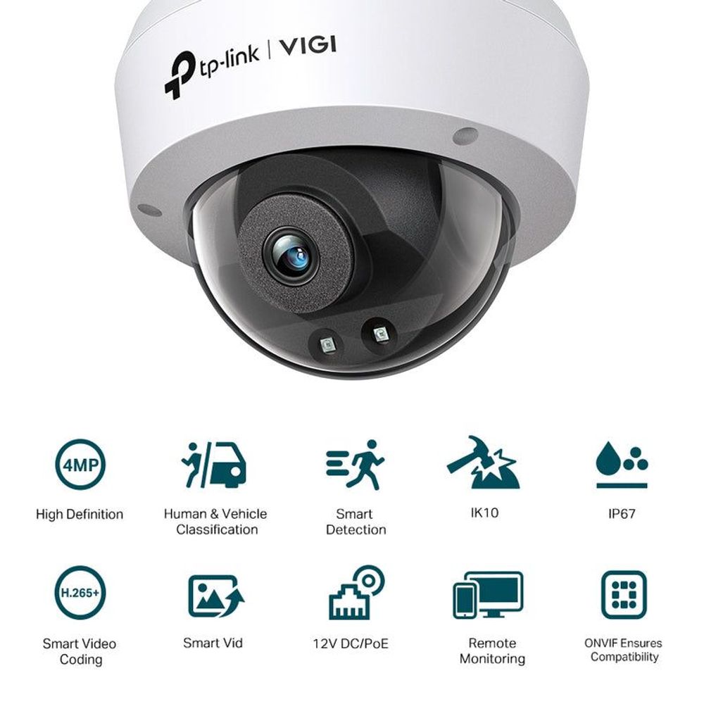TP-Link VIGI IR dome network camera front view with feature icons below
