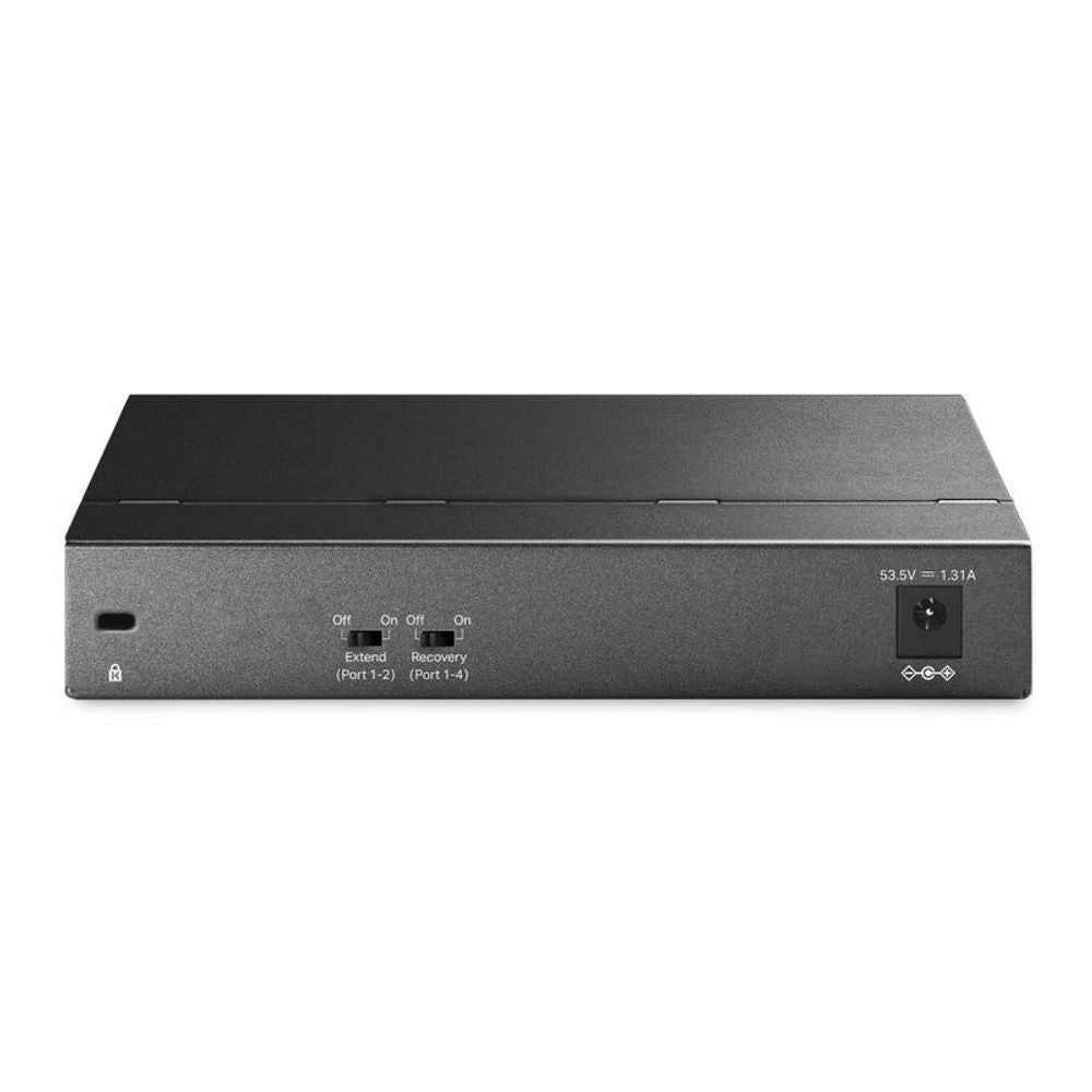 Gigabit PoE desktop switch rear panel with status indicators and power specifications