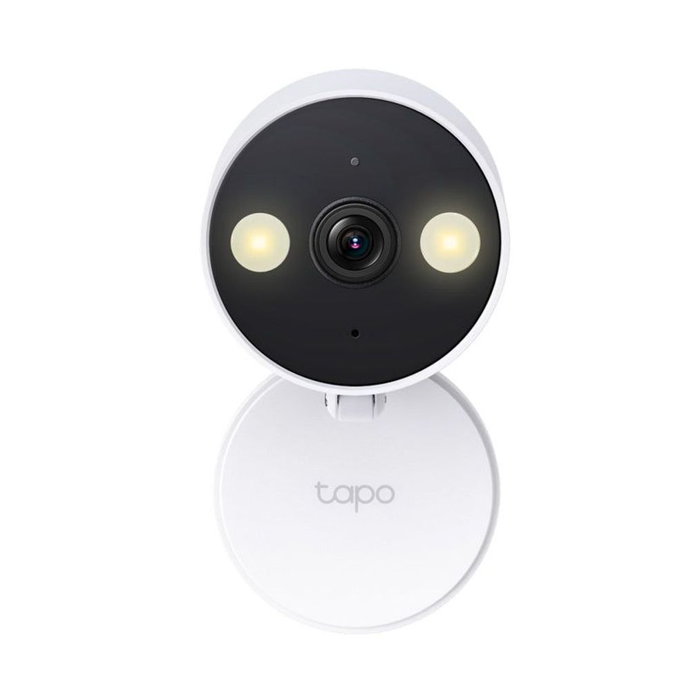 White indoor Wi‑Fi security camera facing forward with two illuminated status lights