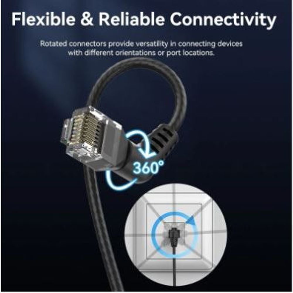 Right-angle RJ45 connector on a Cat6A Ethernet patch cable for 360-degree rotation
