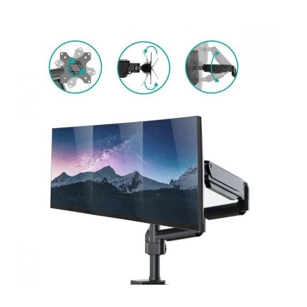 Triple monitor arm holding a wide screen, black metal, tilt and swivel icons