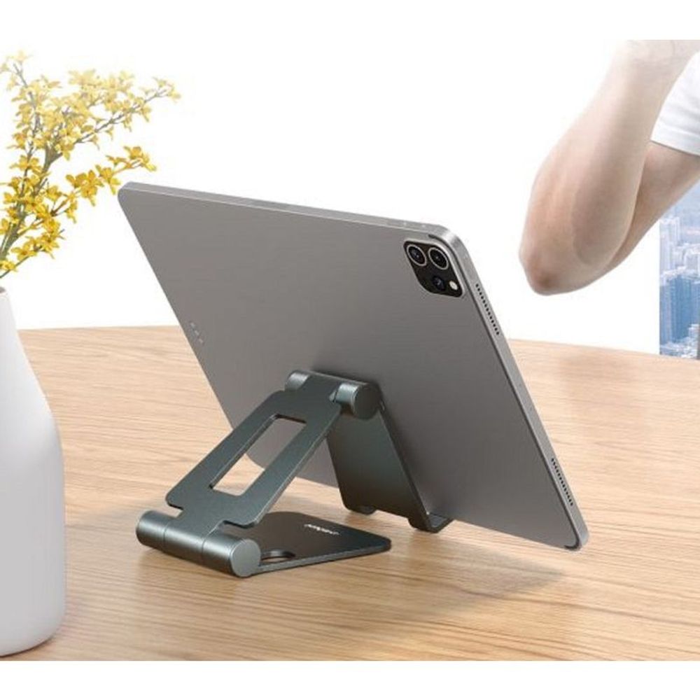 Space grey foldable tablet stand with adjustable cradle and wide base