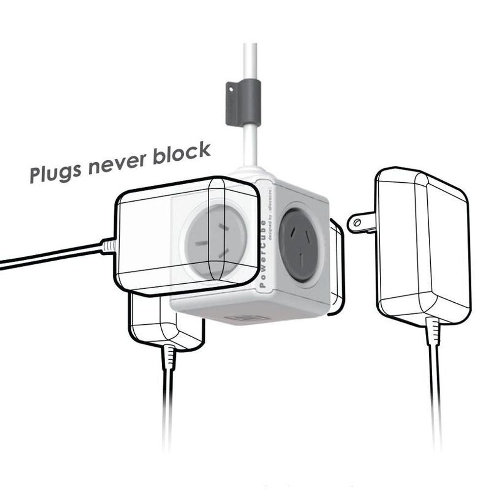 Power cube adapter with side outlets and hanging plugs designed to prevent blocking