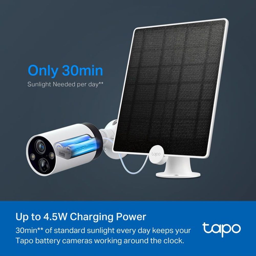 Solar panel and outdoor security camera connected by charging cable
