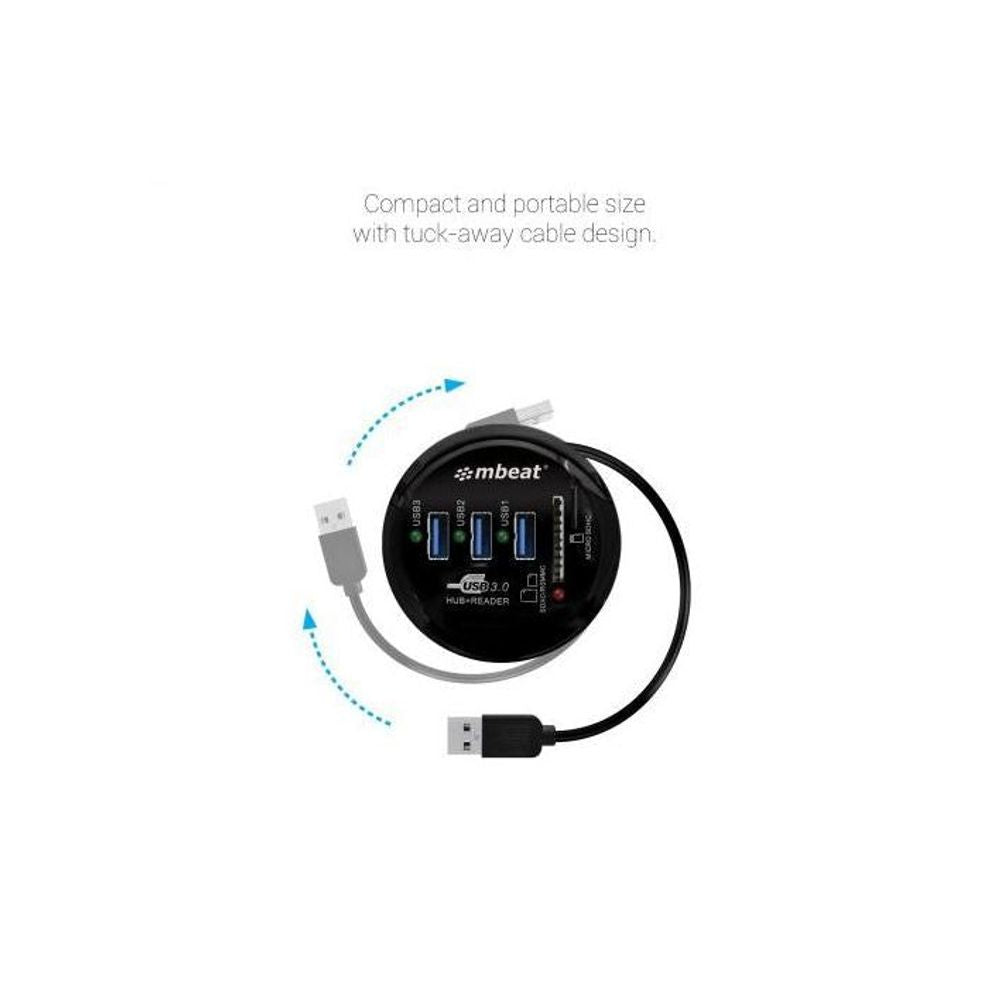Black circular USB 3.0 hub and card reader with tuck-away retractable cable
