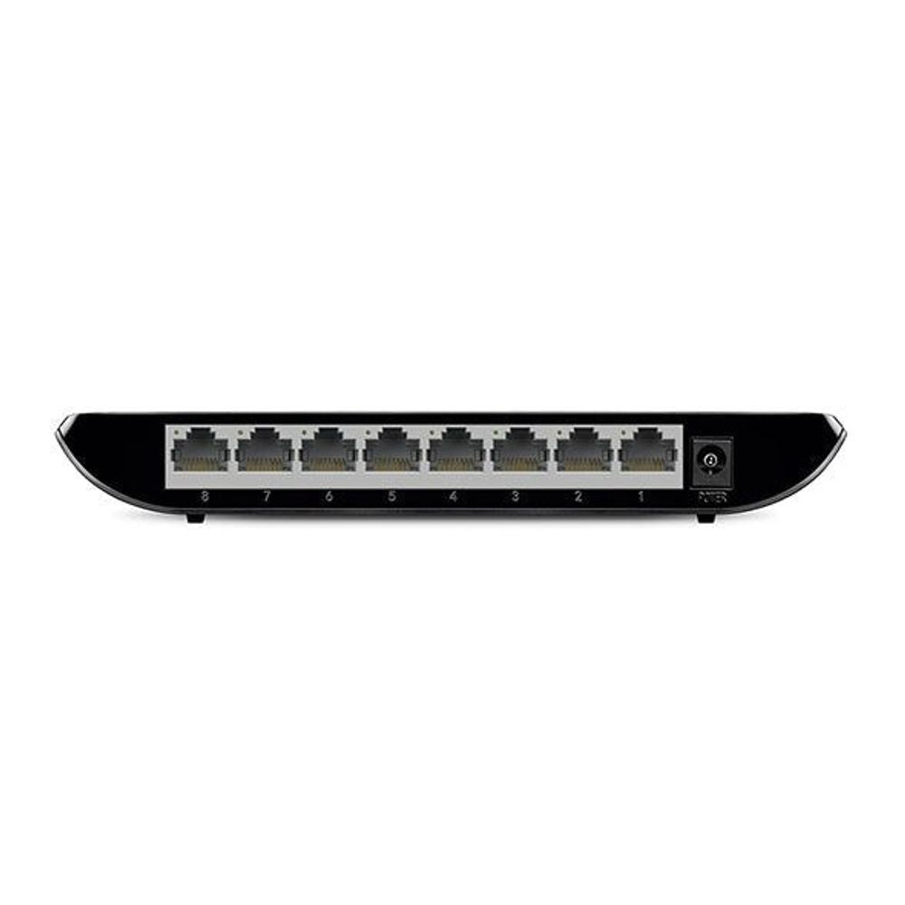 TP-Link 8-port gigabit switch rear panel showing 8 ports and power input