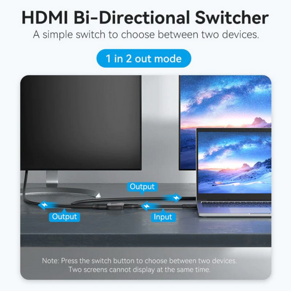 Black HDMI bi-directional switcher shown with 1 in 2 out mode and dual outputs