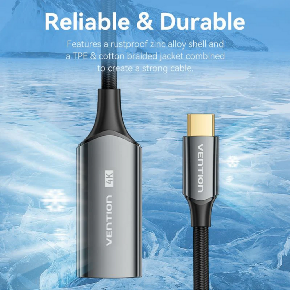 Zinc alloy USB-C to HDMI converter with black cotton braided cable and gold connectors