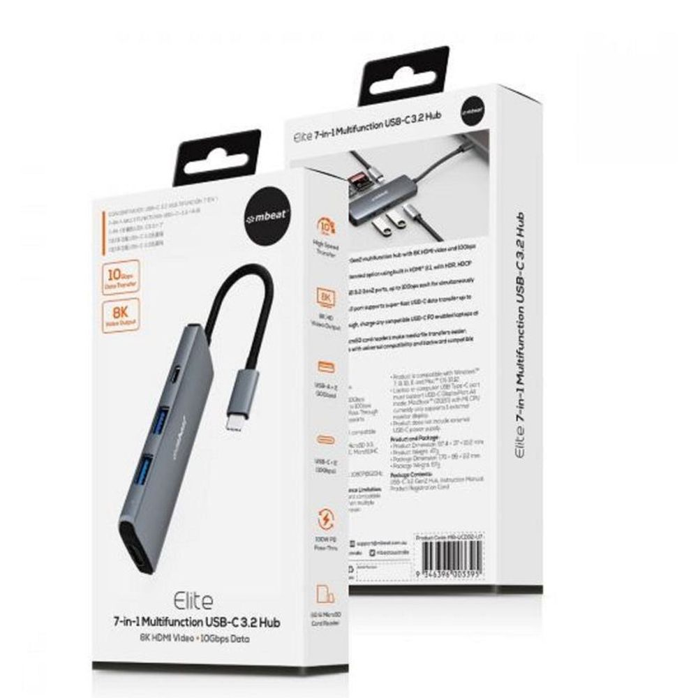 mbeat Elite 7-in-1 USB-C hub product box and gray hub with braided cable