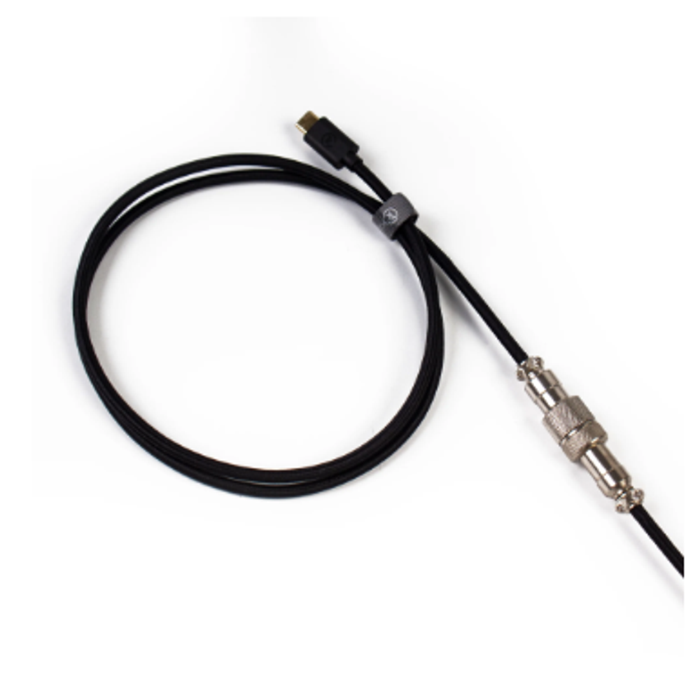 Black coiled cable with USB-C plug and 3.5mm plug