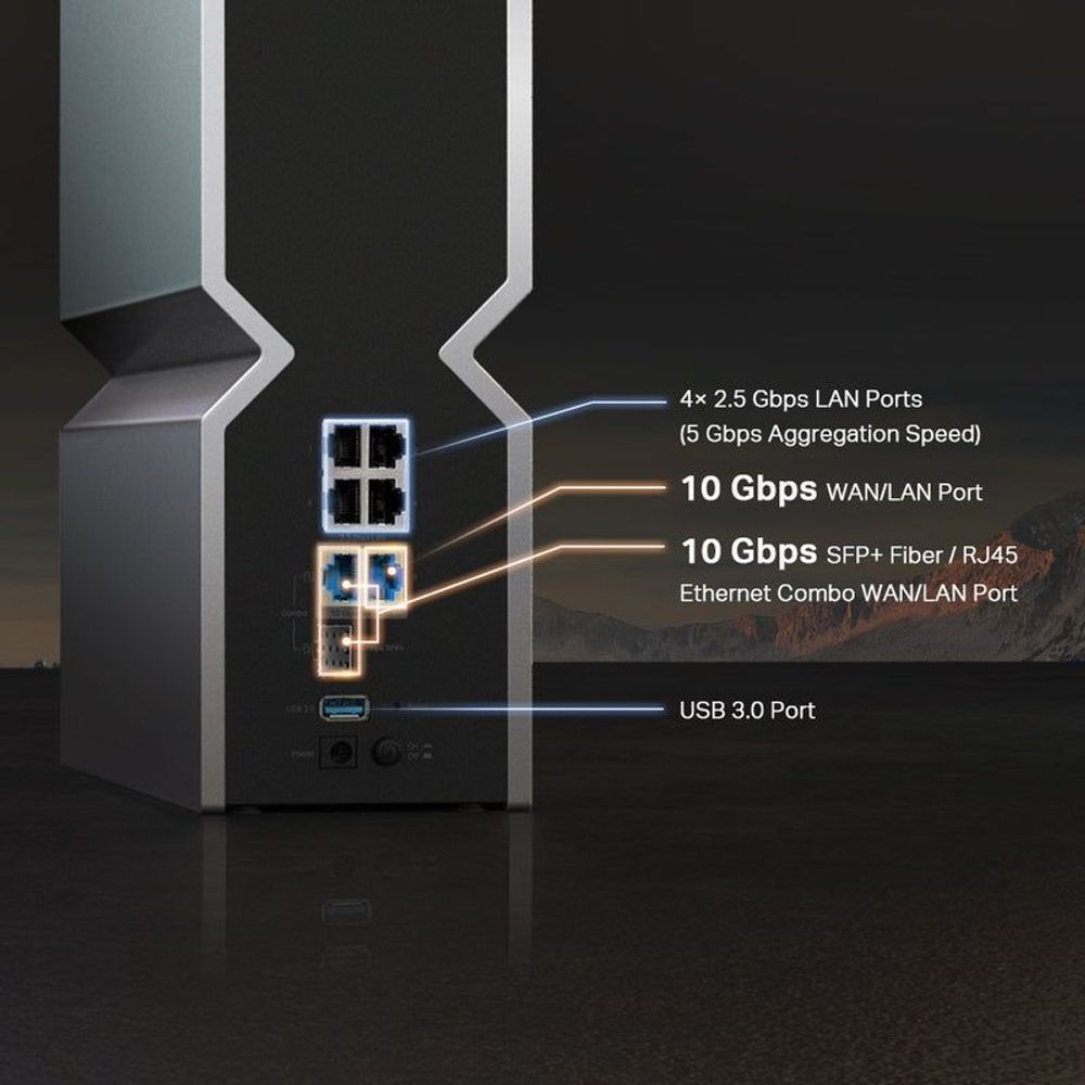 TP-Link Wi‑Fi 7 router port section with Ethernet and USB 3.0, close-up