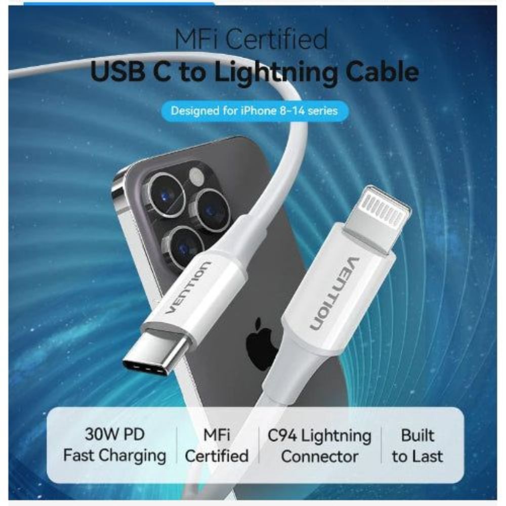 Vention USB-C to Lightning cable with white male USB-C and Lightning ends