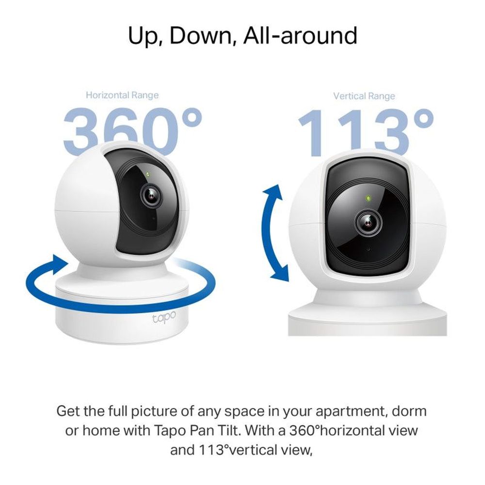 White indoor pan-tilt Wi-Fi security camera on base, wide-angle view