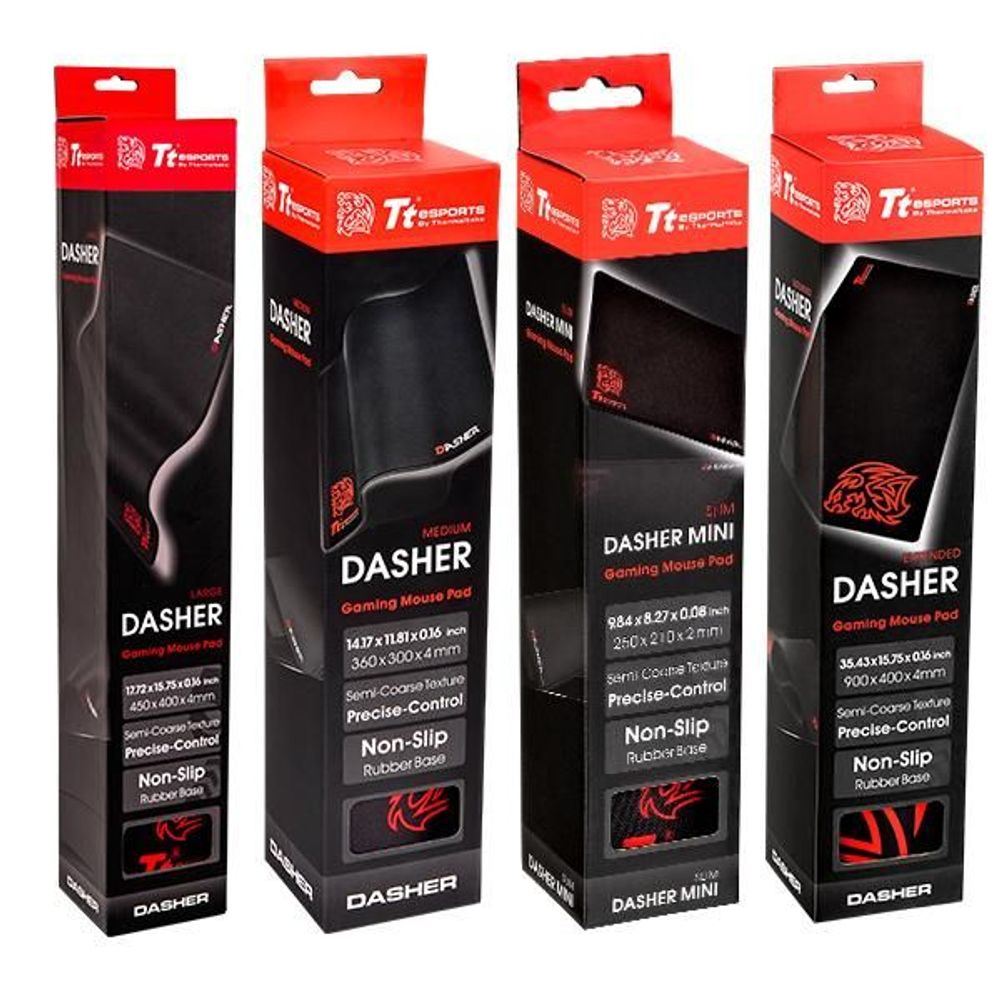 Gaming mouse pad retail boxes featuring Dasher series design and non-slip base