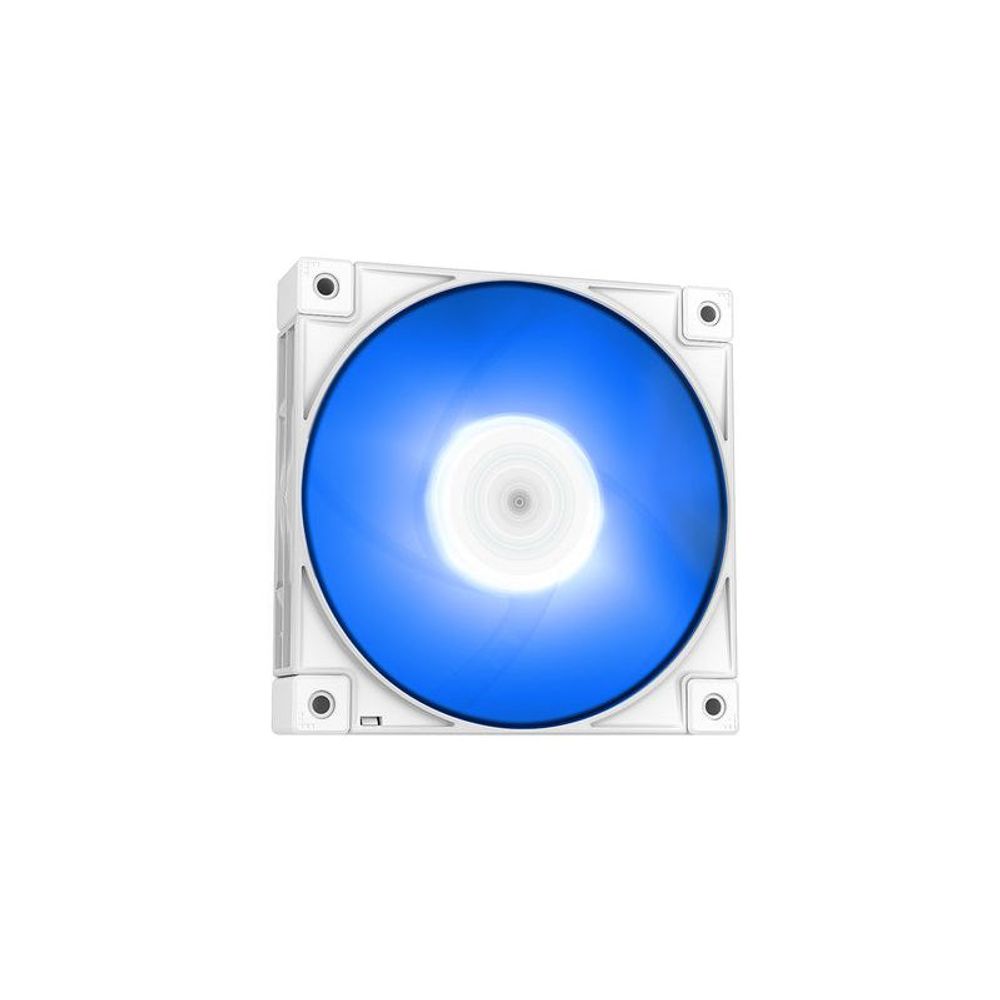 White RGB PWM 120mm case fan with blue LED glow, white frame (front view)