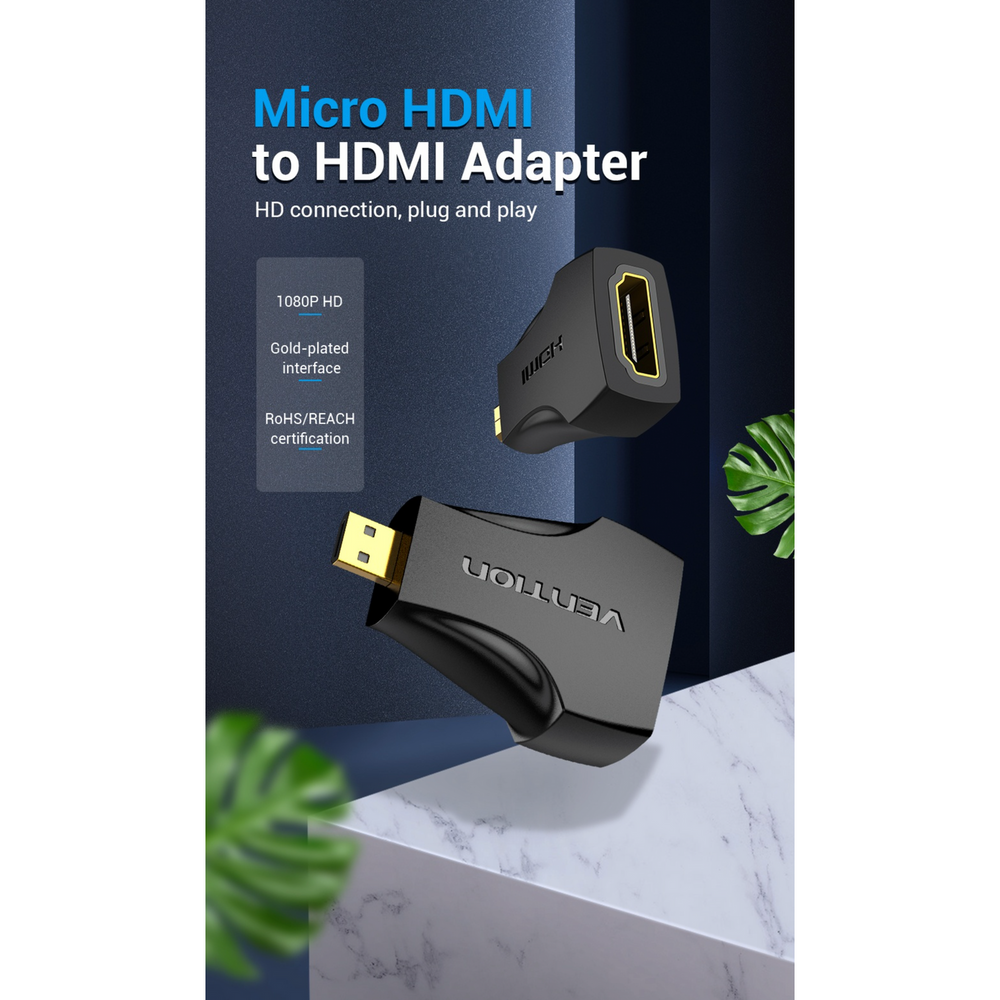 Black micro HDMI to HDMI adapter with gold-plated ports, compact plug-in style