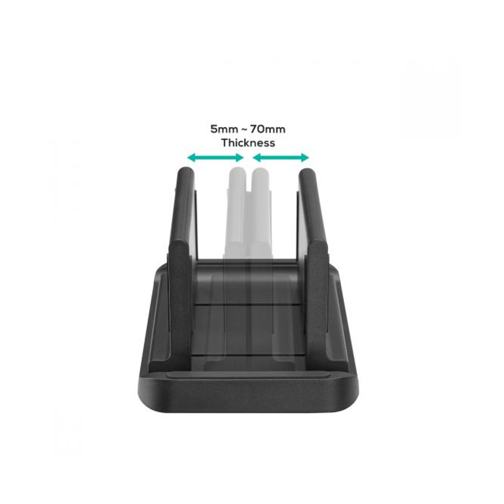 Thin client mount stand underside showing 5–70mm thickness fit