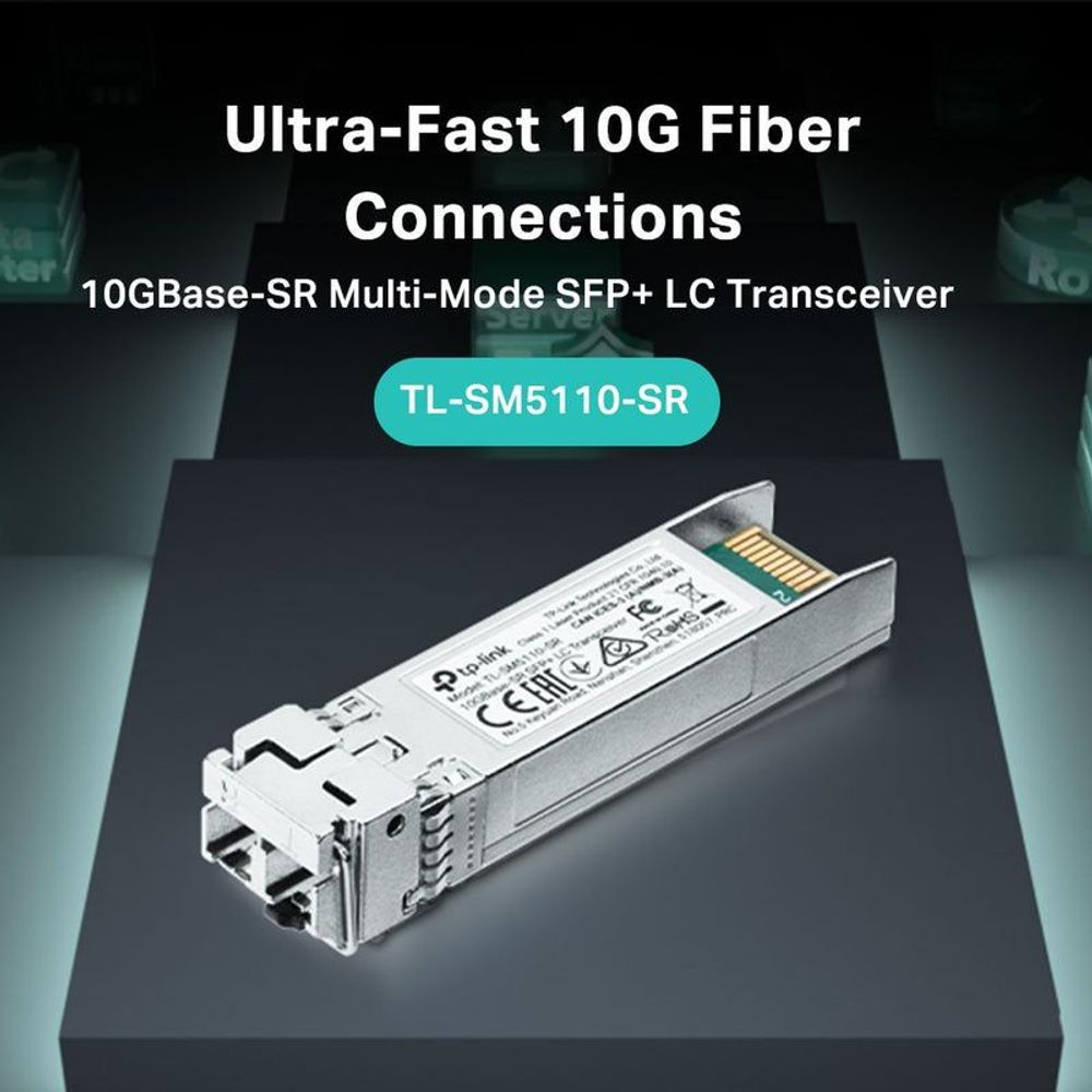 TP-Link 25GBase-SR SFP28 LC transceiver, silver housing with gold LC contacts