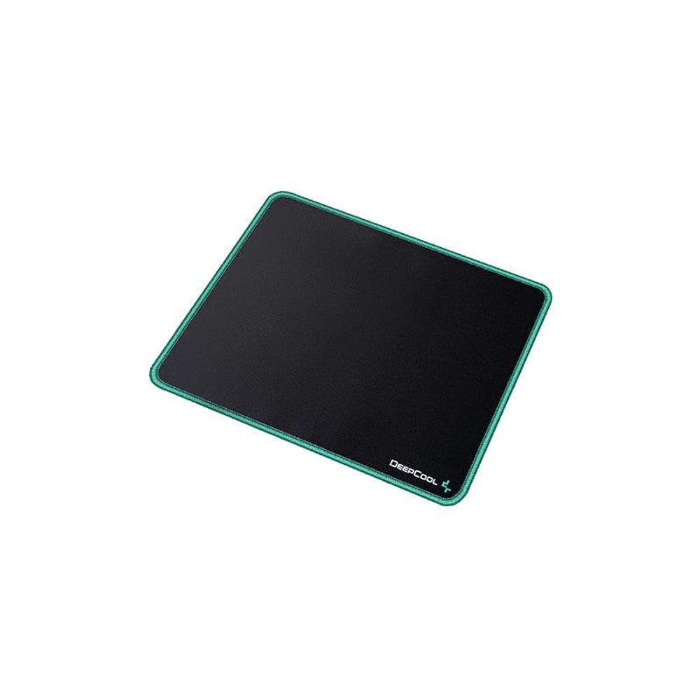 DeepCool cloth gaming mouse pad angled view, black top with teal trim and logo