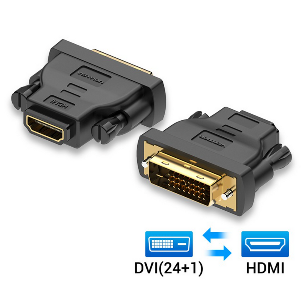 Black HDMI-to-DVI adapter with DVI(24+1) and HDMI ports, showing both ends.