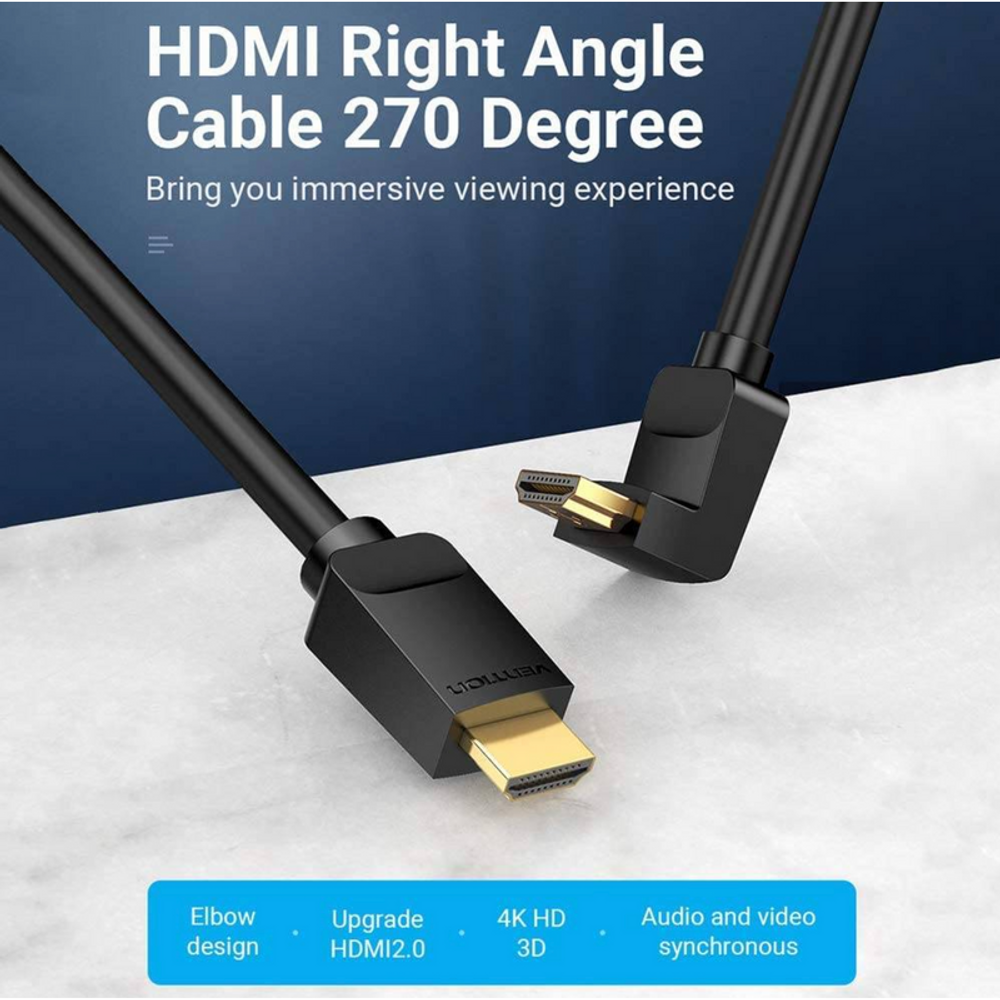 Black HDMI 270° right-angle cable with gold-plated ports and angled connector ends