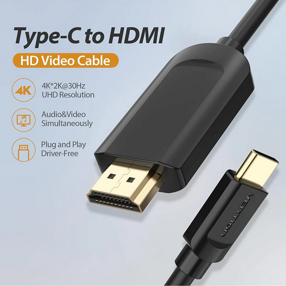Black Type-C to HDMI cable with gold-plated Type-C and HDMI connectors