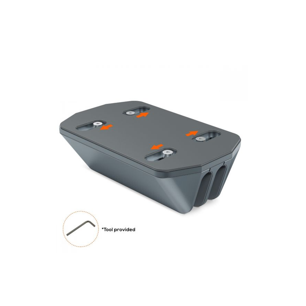 Space gray dual-bay stand base with vertical slots; tool provided shown