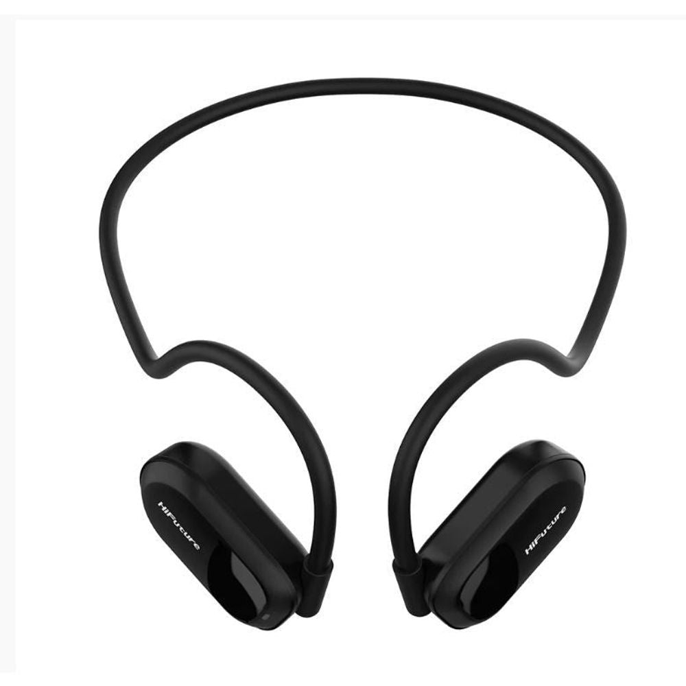 Black sport earphones with curved neckband and dual earbud housings