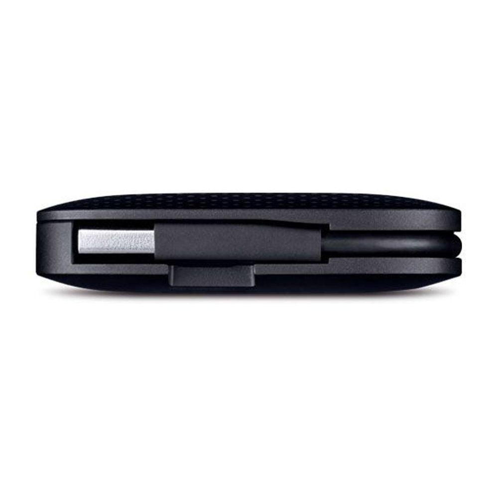 Black portable USB hub viewed from side, showing slim profile and connector