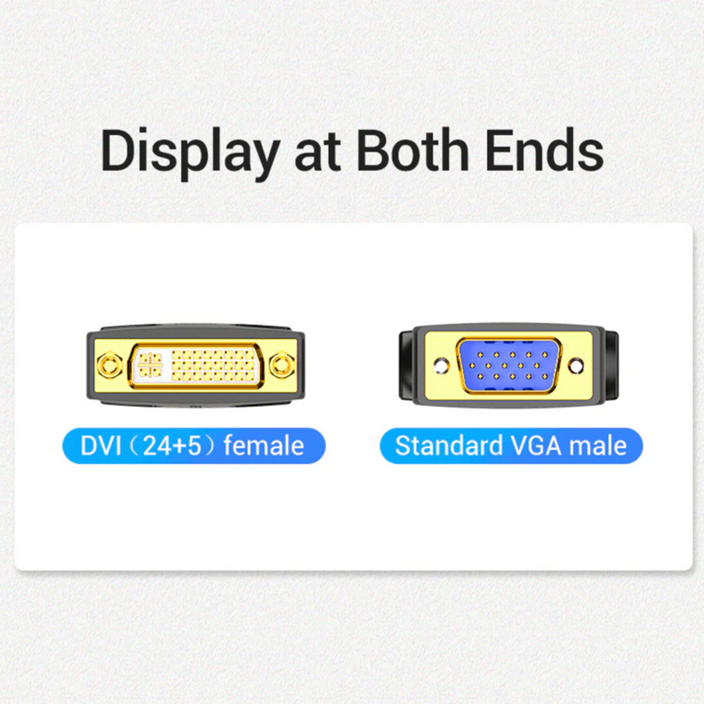 Black adapter showing VGA male and DVI female ends with gold-tone port contacts