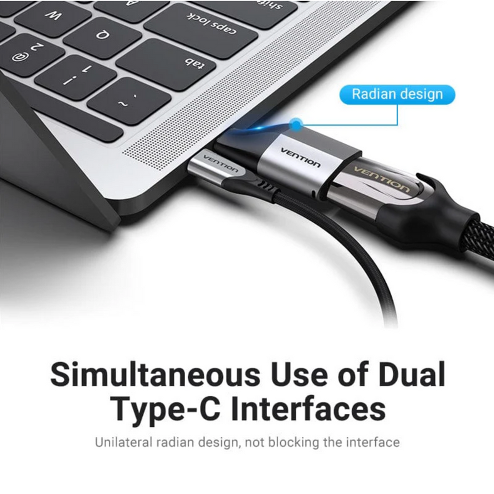 Type-C to HDMI adapter connected to a laptop, gray and black connectors on cable