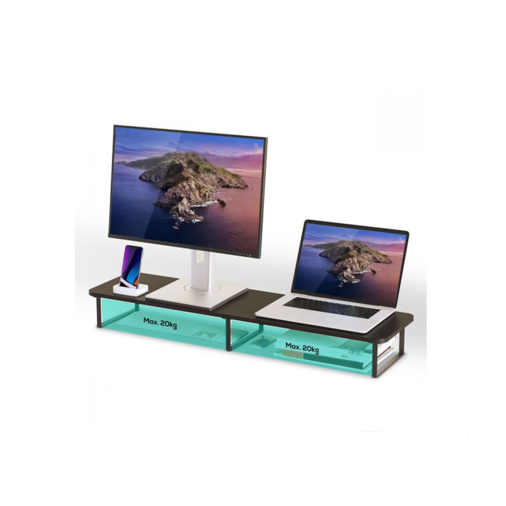 Black dual monitor riser stand with two screens and a visible weight limit label.