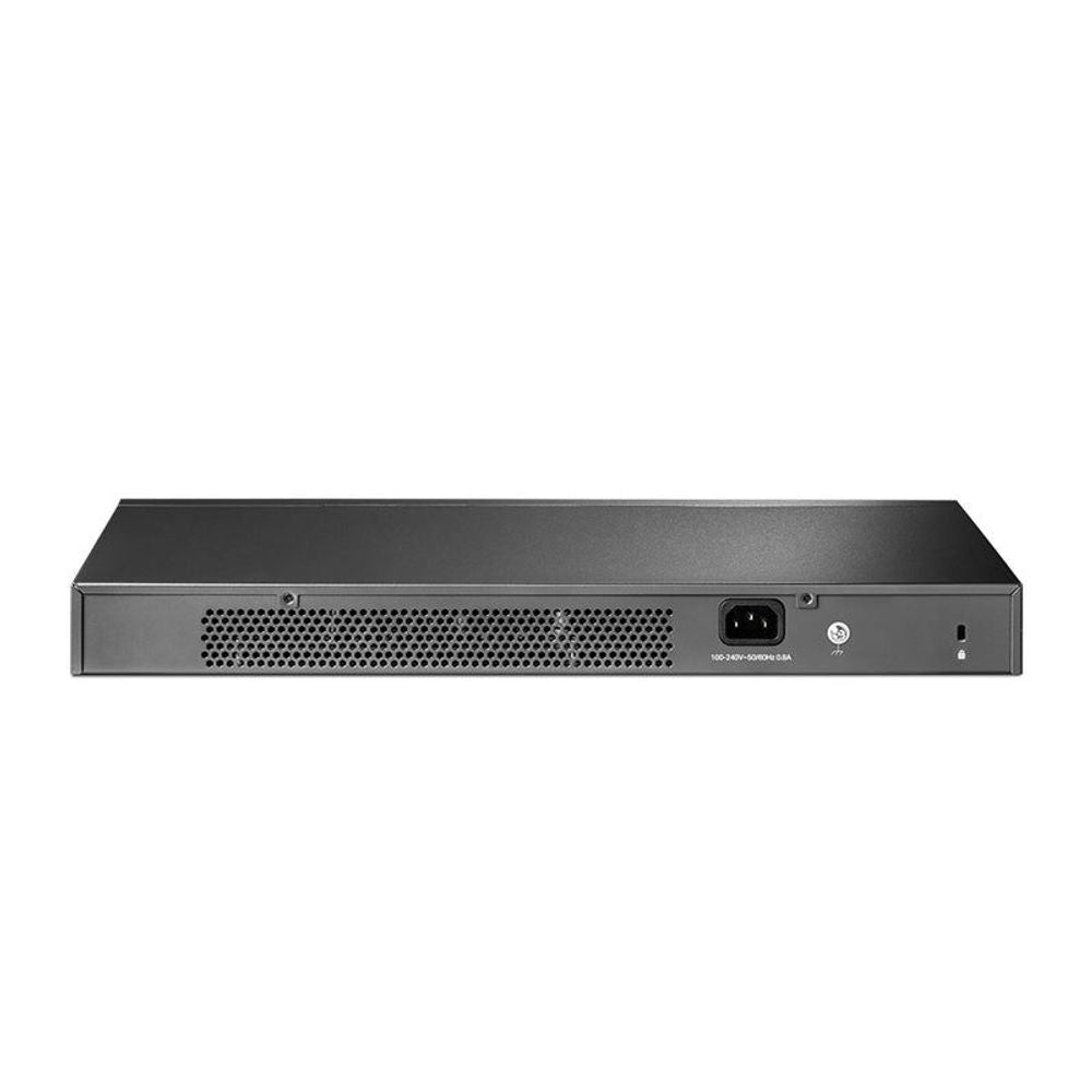 Managed 10G switch rear panel with ventilation grille and power connector