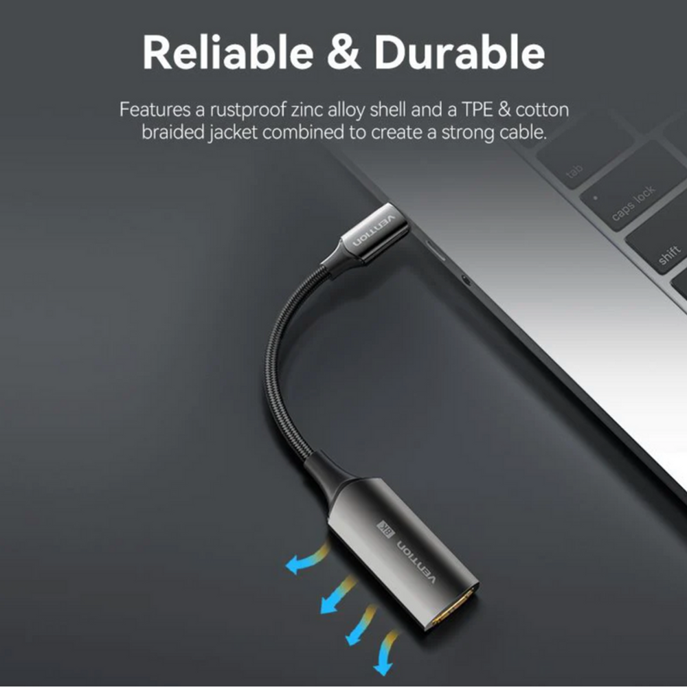 USB-C to HDMI converter cable with zinc alloy connectors and braided black jacket